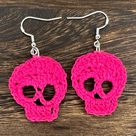 Hand Crafted Jewelry - Handmade Crochet Skull Earrings on Hypoallergenic White Gold Plated Hooks Pink